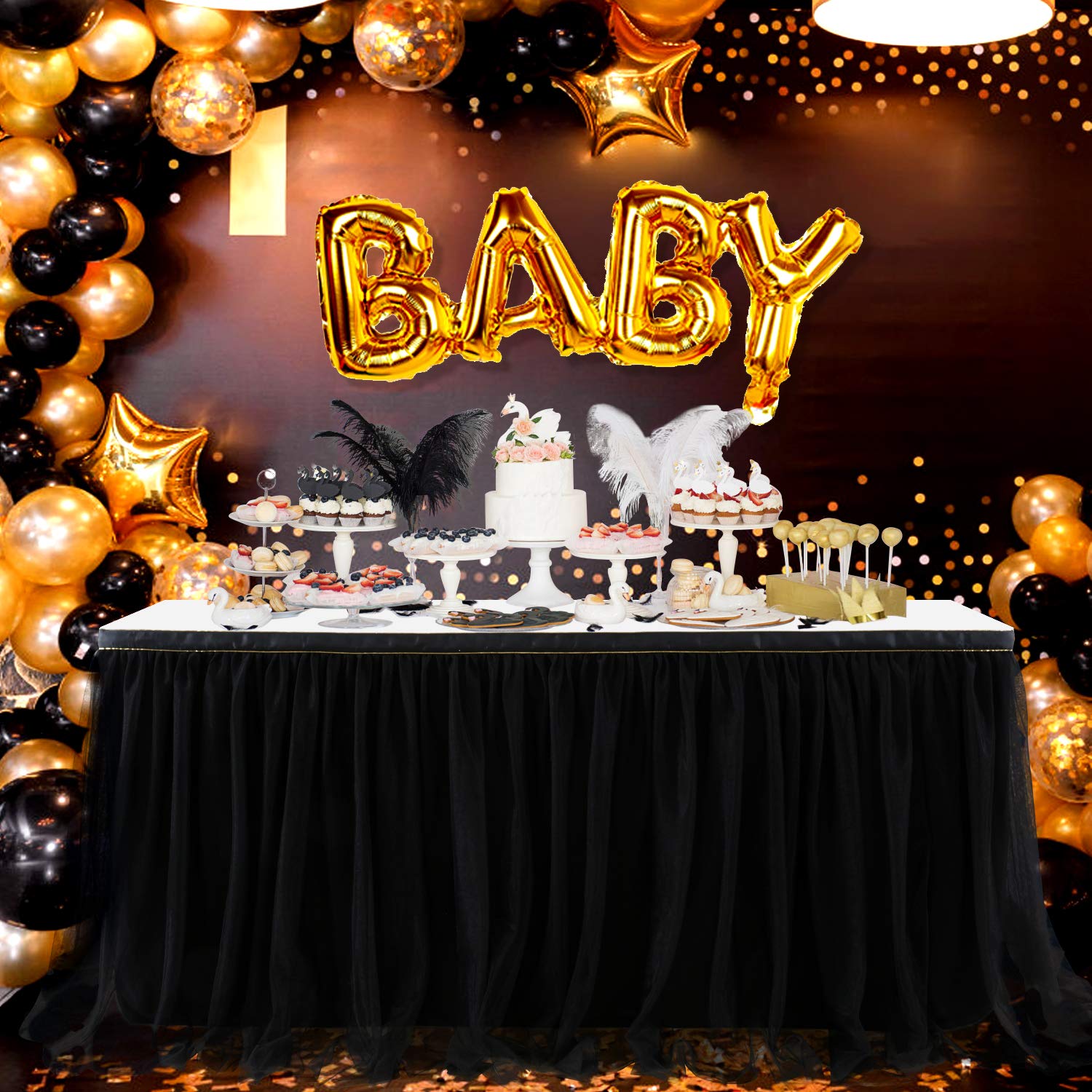 Suppromo 14 Black Tutu Table Skirt For Parties Ruffle Tulle Table Skirt For Black Gold Theme Birthday Party Graduation Wedding B